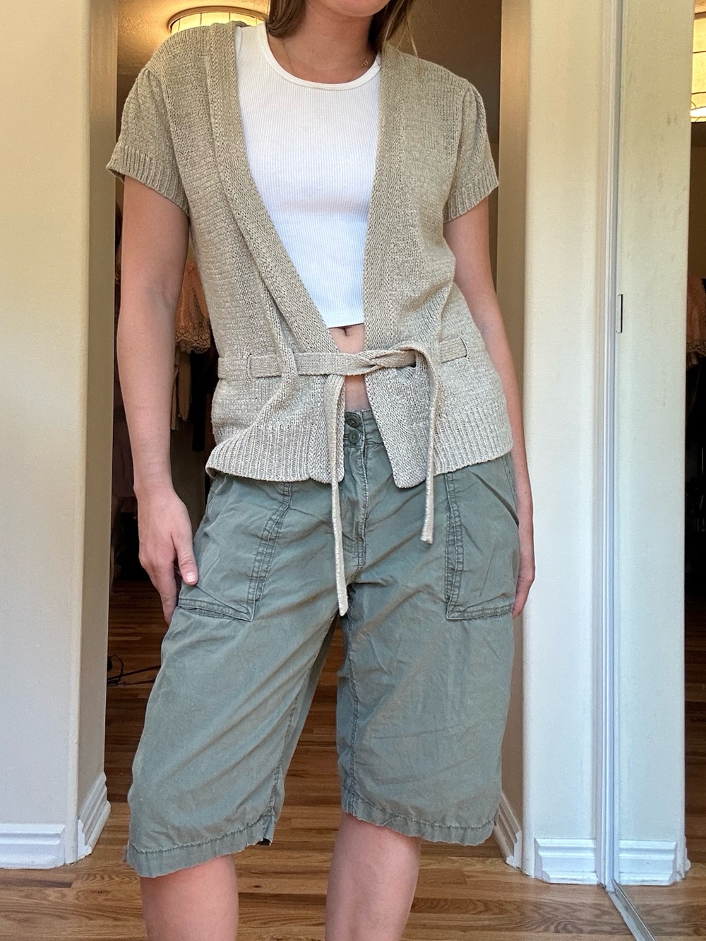 Adorable August silk Beige Open Knit Tie-Front Cardigan - Picture 5 of 7